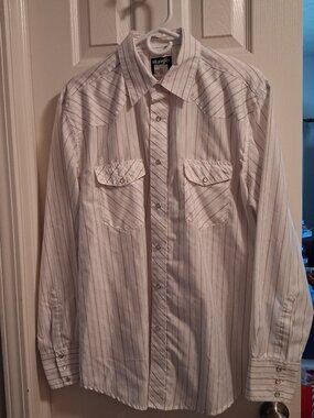 Vintage Wrangler Western Pearl Snap Shirt White w/Gold & Silver Stripes Sz LG